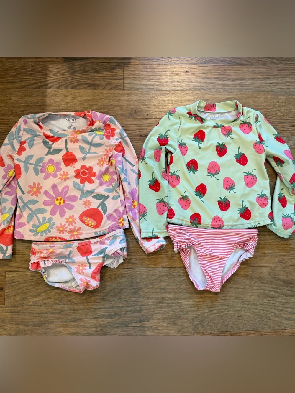 Carter's Pink Floral & Mint Strawberry Long-Sleeve Rash Guard Swim Sets